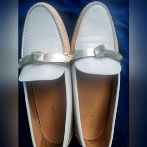 Cole Haan White, Blush and Silver Evelyn Bow Driver with Metallic Accents